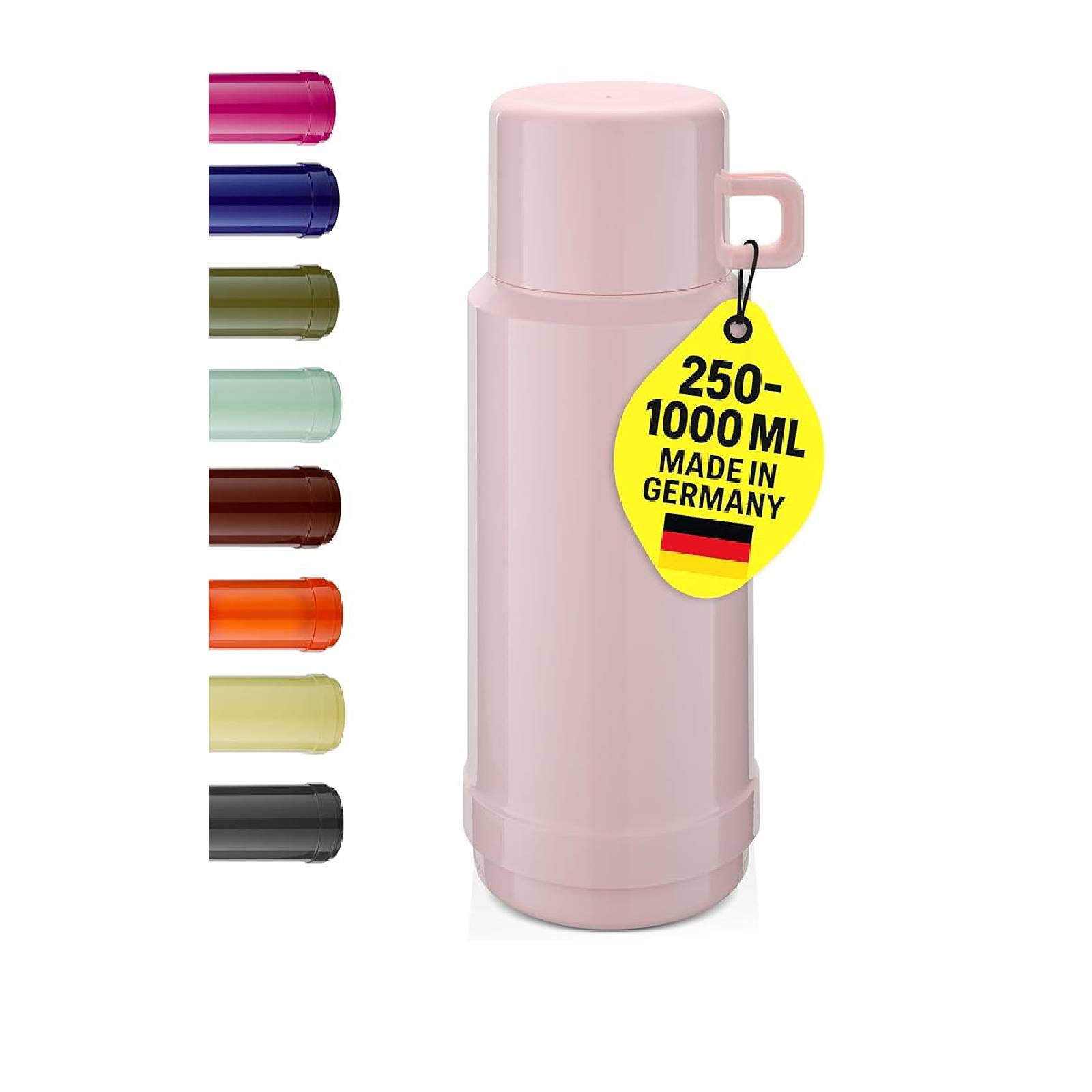 Rosa isolierte Thermoskanne mit Griff und gelbem Etikett mit der Aufschrift „250-1000 ML MADE IN GERMANY
