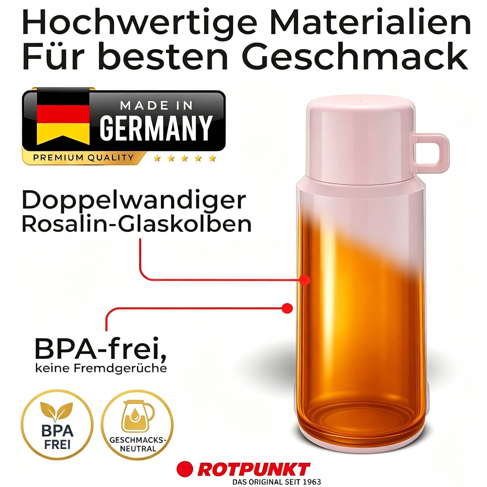 Werbebild einer isolierten Flasche mit rosa Deckel, die Tee in einem doppelwandigen Glaseinsatz zeigt, gekennzeichnet mit 'Made in Germany', 'BPA-frei' und 'Geschmacks-neutral'.