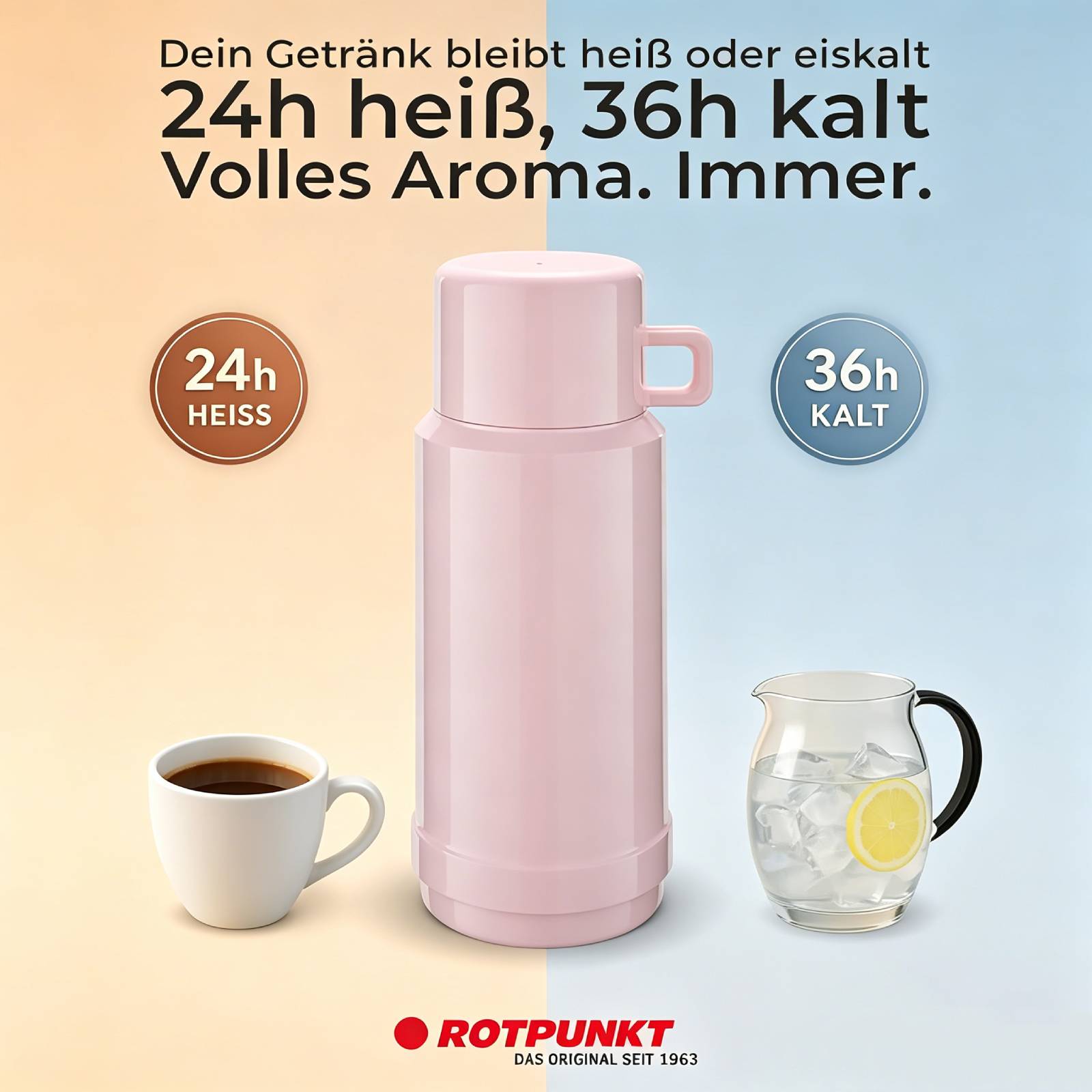 Pink Rotpunkt Thermoflasche hält Getränke 24 Stunden lang heiß und 36 Stunden lang kalt; gezeigt mit Kaffee, Eiswasser und deutschem Text „Volles Aroma. Immer.