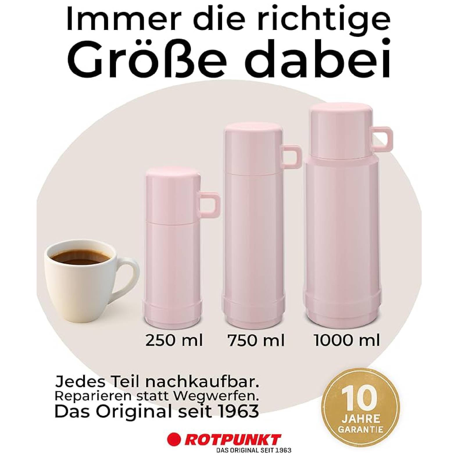 Werbung für drei rosa Thermosflaschen in verschiedenen Größen neben einer Tasse Kaffee: 250 ml, 750 ml und 1000 ml. Der deutsche Text sagt „Immer die richtige Größe dabei