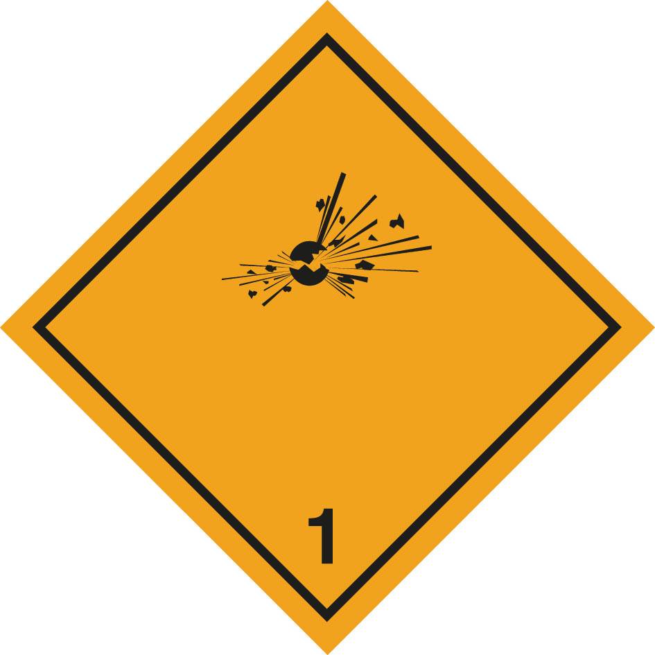 Orange-rotes Diamant-Gefahrenschild mit dem Symbol einer explodierenden Bombe und der Nummer 1, das auf Sprengstoff hinweist.