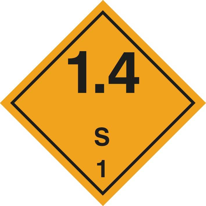 Orange-Raute-Warnschild für Gefahrgut mit der Bezeichnung '1.4' über 'S' und '1', das die Sprengstoffklasse 1.4S anzeigt.