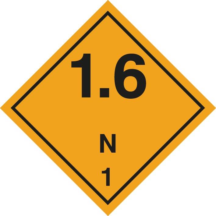 Orange-Diamant-Gefahrgutschild mit der Bezeichnung „1.6