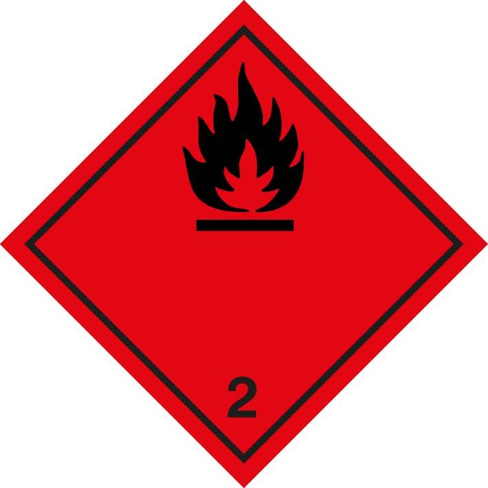 Rote Gefahrgut-Raute mit schwarzem Flammensymbol und der Zahl „2