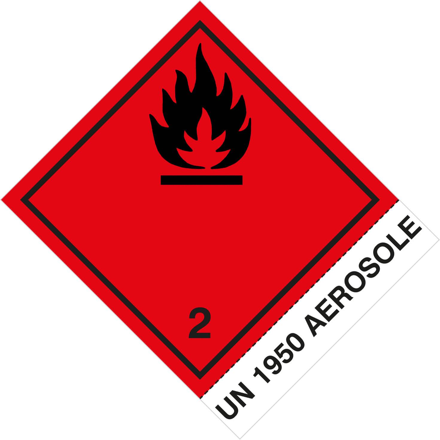 Rotes Gefahrguttransportschild mit Flammensymbol, Klasse 2, gekennzeichnet mit „UN 1950 AEROSOLE