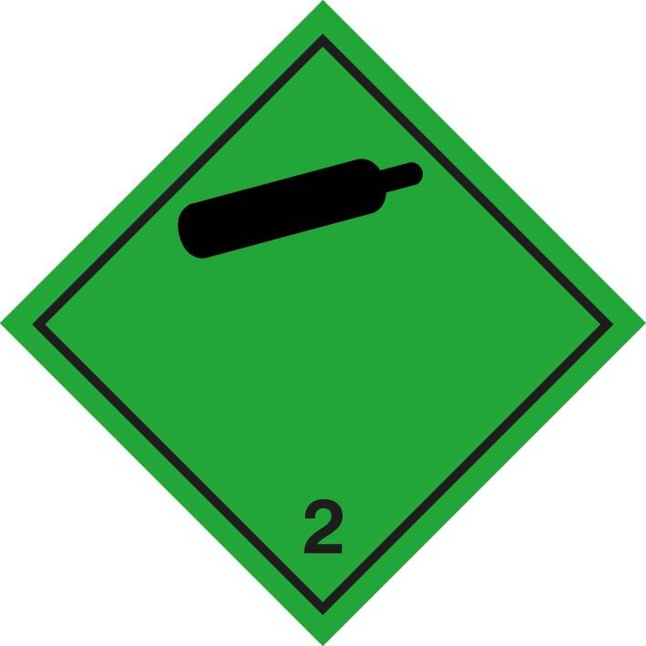 Grünes Diamant-Gefahrgut-Schild mit schwarzem Gaszylinder-Symbol und der Ziffer 2, das ein nicht brennbares Gas anzeigt.