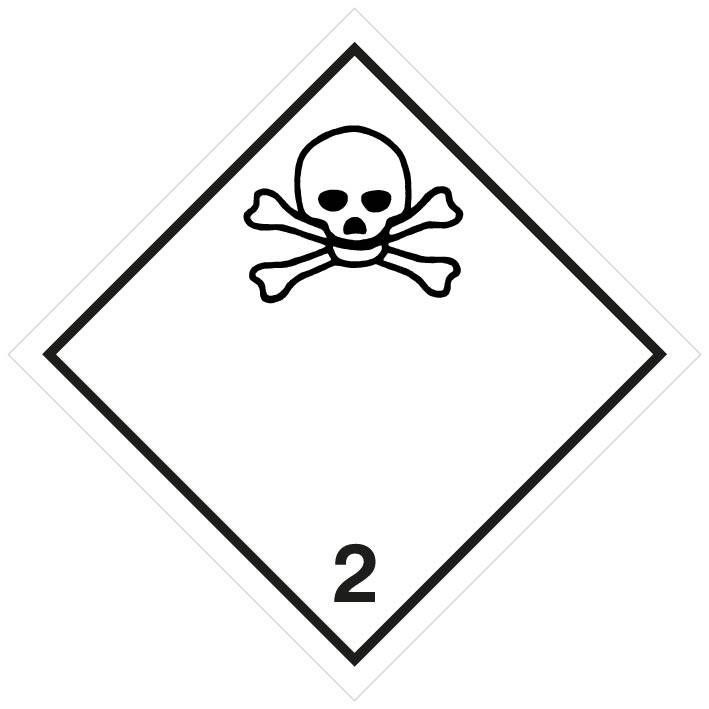 Weißer Diamant-Gefahrstoffplakette mit Totenkopf und Knochen sowie der Nummer 2, die giftiges Gas anzeigt.
