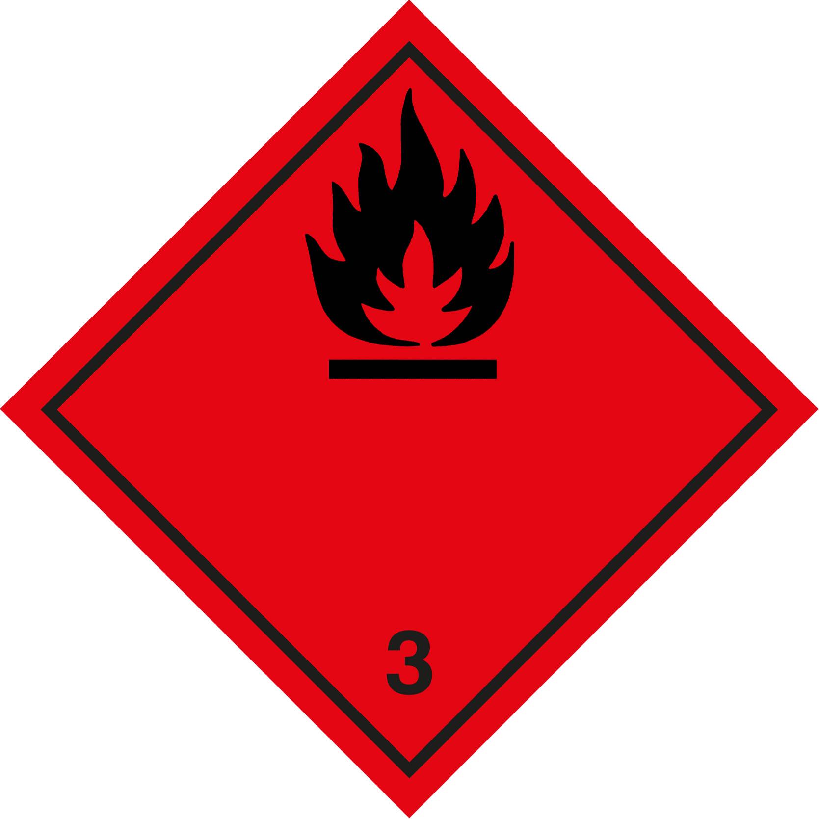 Rotes Etikett für Gefahrstoffe mit schwarzem Flammensymbol und der Nummer 3, das auf eine brennbare Flüssigkeit oder ein brennbares Dampf hinweist.