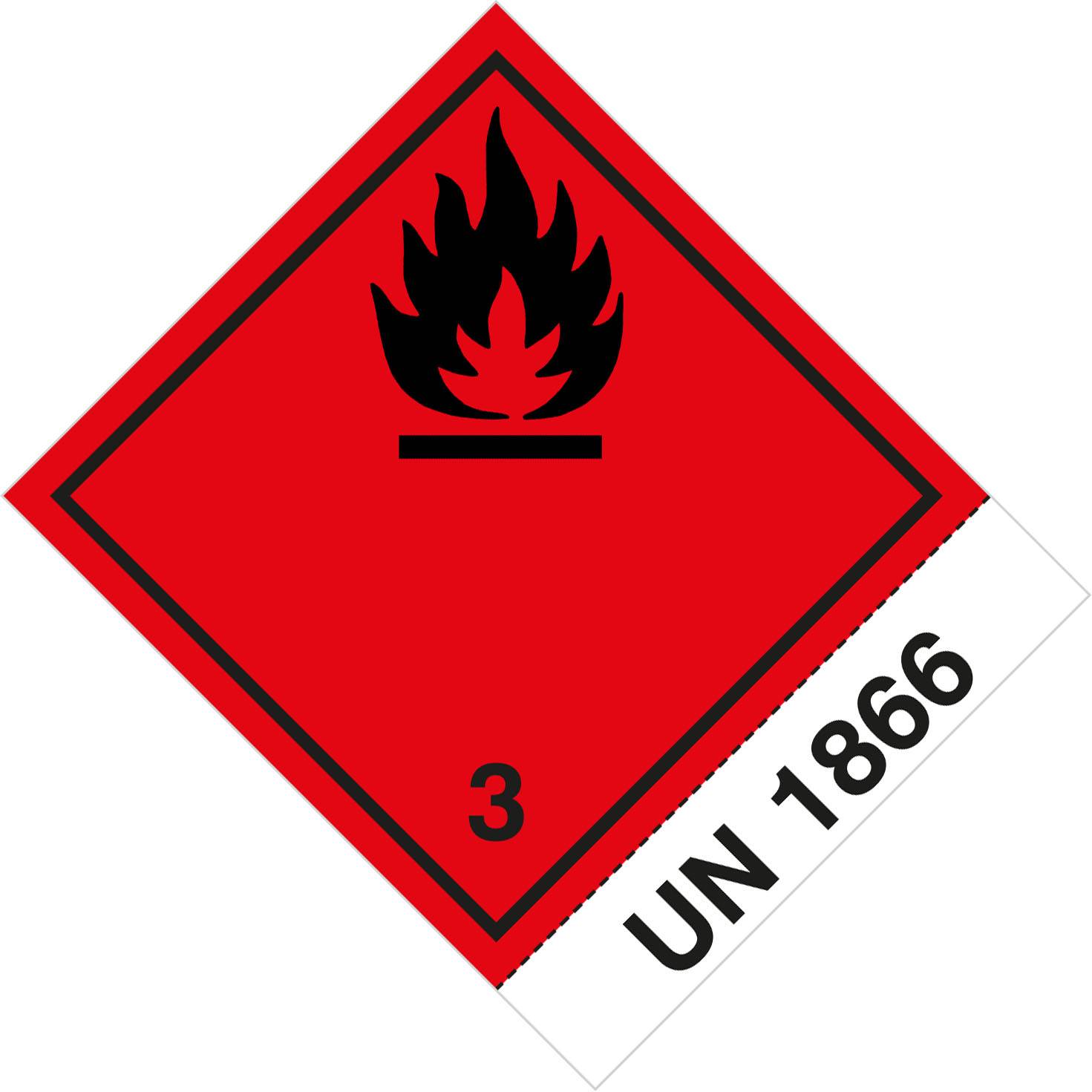 Rotes Gefahrenkennzeichen für Gefahrstoffe mit schwarzem Flammensymbol, Nummer 3 und „UN 1866