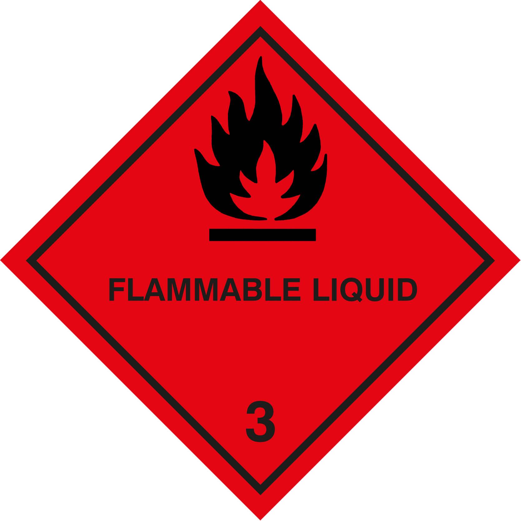 Rote Diamant-Gefahrguttafel mit Flammen-Symbol, beschriftet mit „FLAMMABLE LIQUID