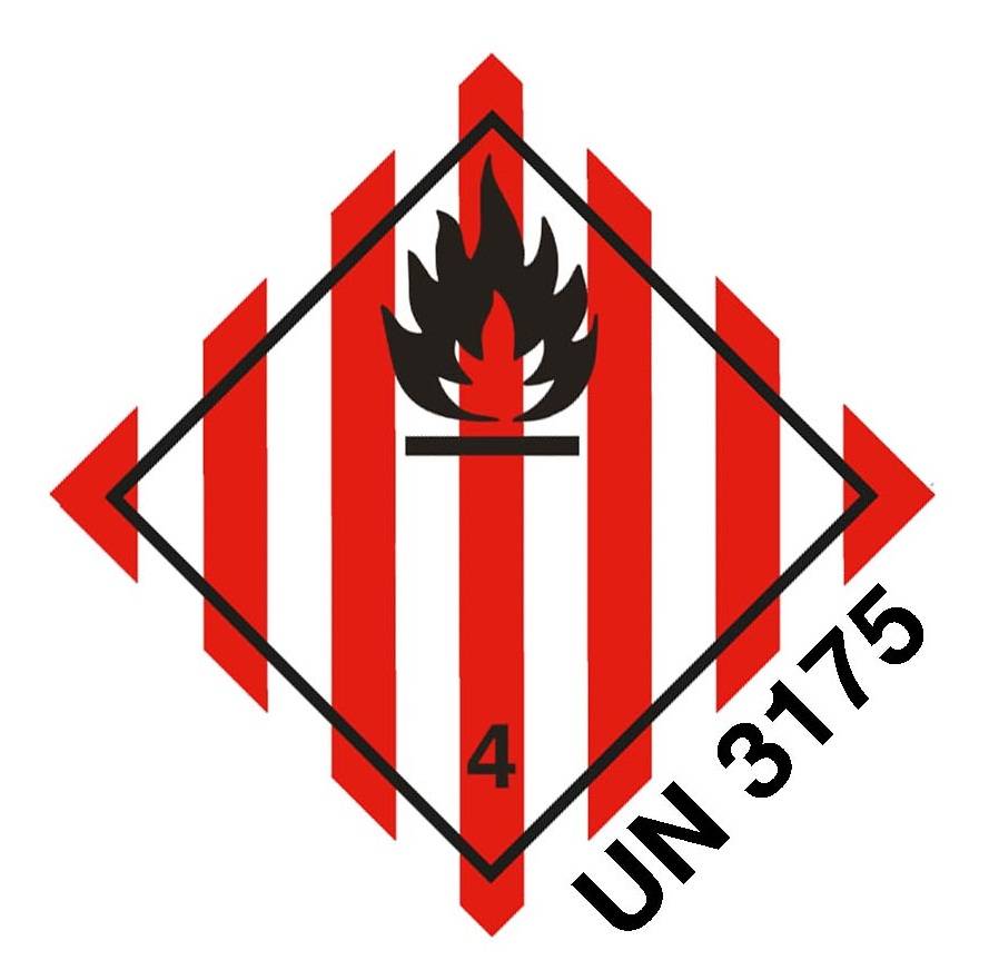 Plakette für die Gefahr durch entzündbare Feststoffe mit schwarzem Flammensymbol, rot-weiß gestreiftem Hintergrund, Klasse 4, UN 3175.