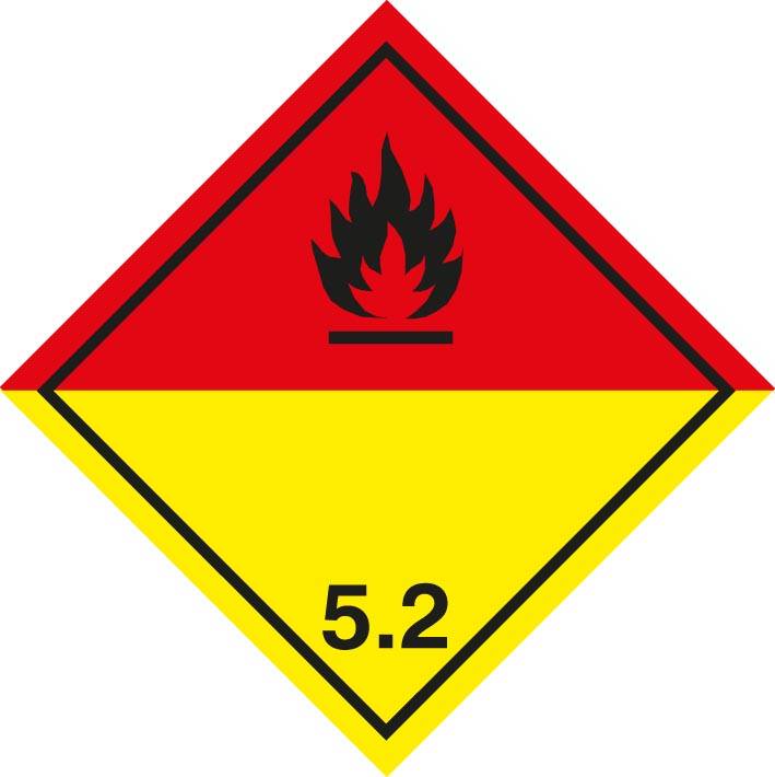 Gefahrzettel für entzündbares organisches Peroxid, Klasse 5.2, dargestellt als rot-gelbe Raute mit Flammensymbol und der Nummer 5.2.