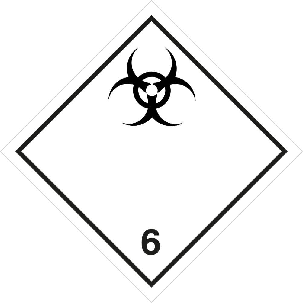 Biogefährdungszeichen mit schwarzem Dreiblatt-Symbol und Nummer 6 in einem diamantenförmigen Warnsignal.