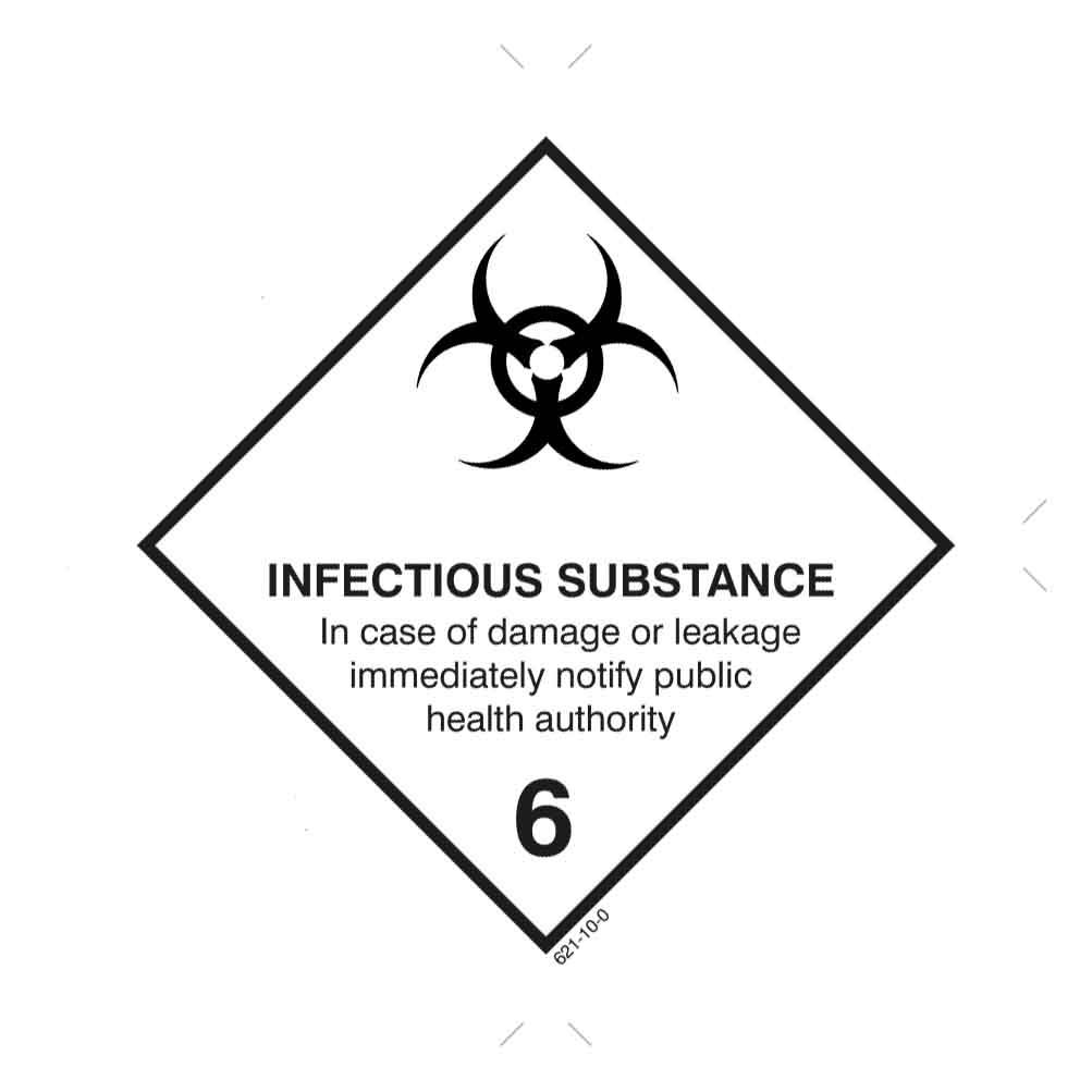 Gefahrzettel für Ansteckungsstoff mit Biohazard-Symbol, Warnung zur Benachrichtigung der Gesundheitsbehörde bei Beschädigung oder Undichtheit, Klasse 6.