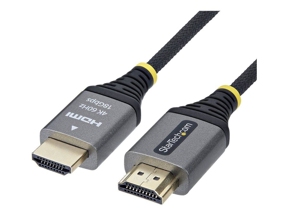 Zwei HDMI-Stecker mit geflochtenen schwarzen Kabeln, auf weißem Hintergrund gezeigt.