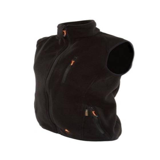 Schwarze ärmellose Fleece-Weste mit Reißverschluss und mehreren Reißverschlusstaschen, auf weißem Hintergrund abgebildet.