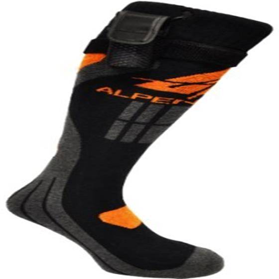 Schwarze und orange ALPINE-Skisocke mit gepolsterter Zehen-, Fersen- und Schienbeinunterstützung, isoliert auf weißem Hintergrund dargestellt.