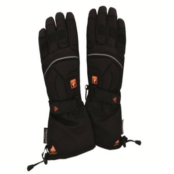 Paar schwarzer isolierter Winterhandschuhe mit orangefarbenen Logo-Patches und verstellbaren Handgelenkriemen.