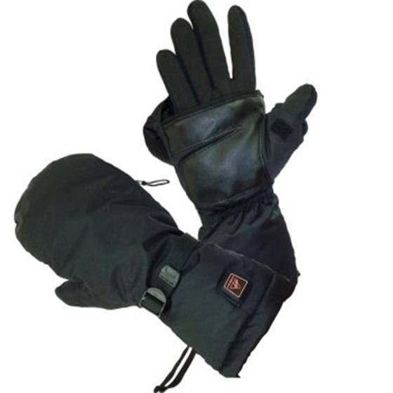 Schwarze isolierte Winterfäustlinge, einer mit der Handfläche nach oben gezeigt mit Lederfläche und einer geschlossen, entwickelt für den Kälteschutz.