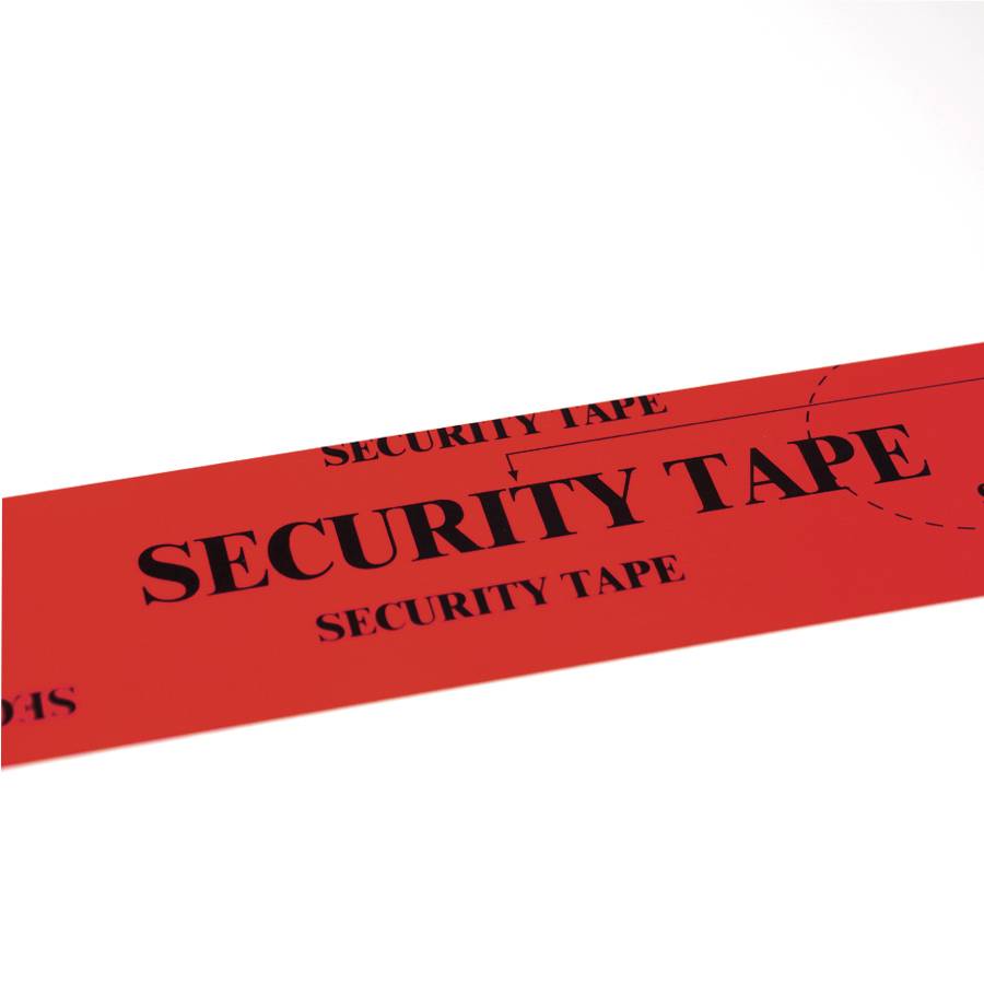 Rotes Sicherheitsband mit wiederholtem Text „SECURITY TAPE