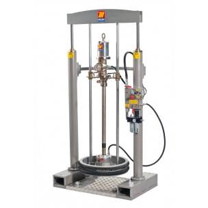 Industrielle Hydraulikhebeanlage mit zentral angebrachtem Vertikalkolben, Pumpe und Steuereinheit, montiert auf einem Metallrahmengestell.
