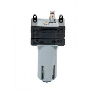 Kleine graue Elektro-Motor- oder Pumpenkomponente mit schwarzem Befestigungsblock und oberem Anschluss, dargestellt auf weißem Hintergrund.