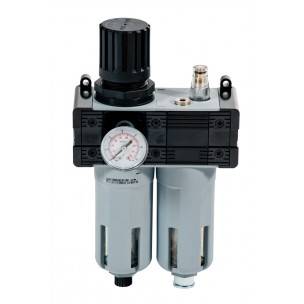 Pneumatische Luftfilter-Regler-Baugruppe mit Druckmessgerät und zwei Filterbechern, verwendet zur Steuerung des Druckluftdrucks und zur Feuchtigkeitsentfernung.
