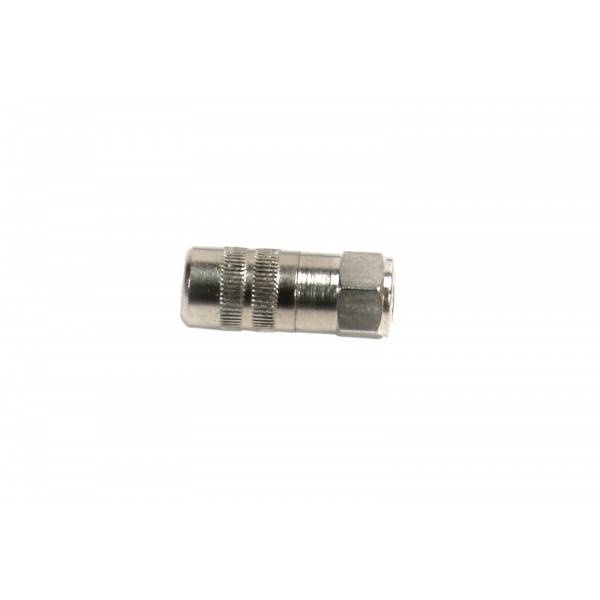 Metallischer koaxialer Kabelstecker-Adapter mit gerändeltem zylindrischem Gehäuse auf einfachem weißem Hintergrund.