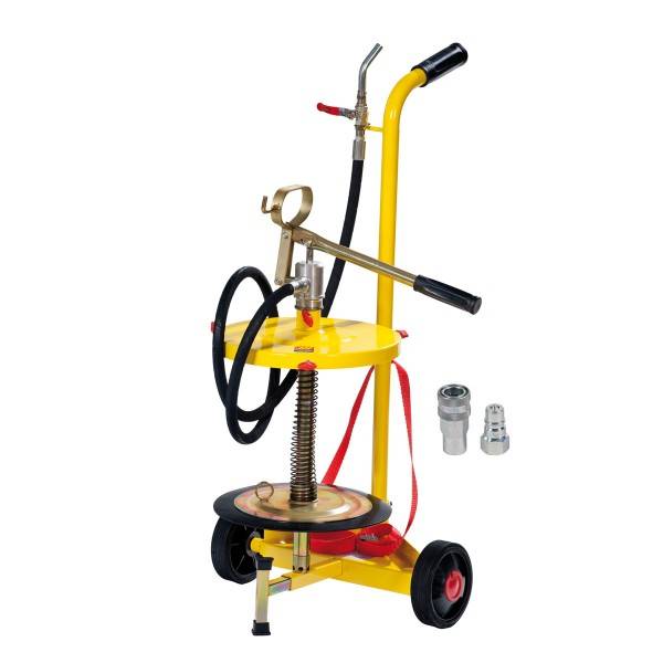 Tragbarer fahrbarer Schmierstoffspender mit Pumpe, Schläuchen und Sprühstab; zwei Metallanschlüsse daneben abgebildet.