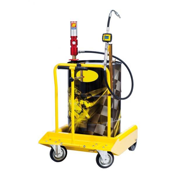 Industrieller Öl- oder Flüssigkeitsausgabewagen mit einer Trommel, einem Schlauch, einer Pumpe und einem digitalen Messgerät auf einem fahrbaren gelben Gestell.