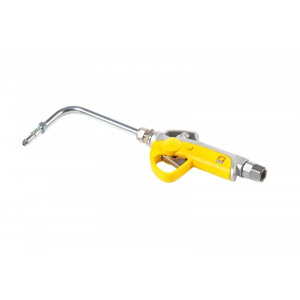 Gelbe industrielle Spritzpistole mit gekrümmter Metalldüse und Schlauchverbinder auf weißem Hintergrund.