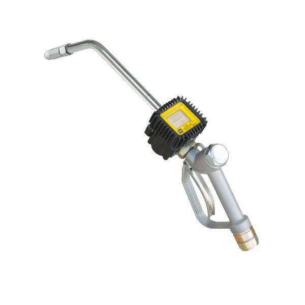 Zapfpistole mit digitalem Zähler und Metallgriff, isoliert auf weißem Hintergrund.