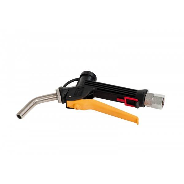 Schwarz-orangene Industriespritzpistole mit Metalldüse und Abzuggriff auf weißem Hintergrund.
