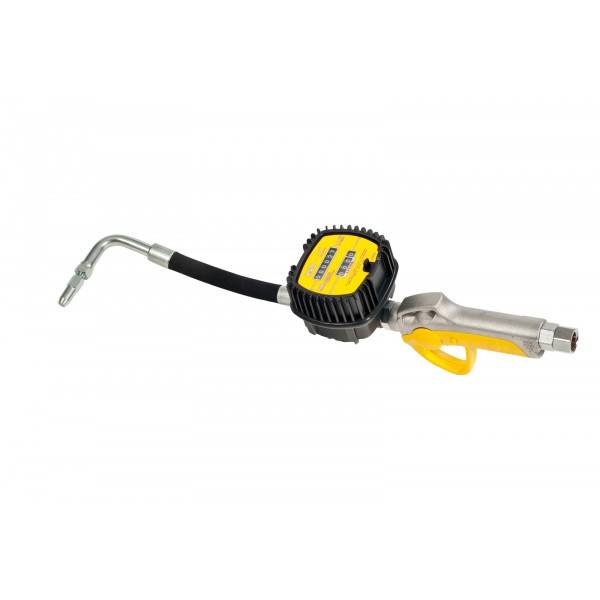 Luftschlauch-Aufblaspistole mit Druckmesser, Metalldüse und gelbem Abzug auf weißem Hintergrund.