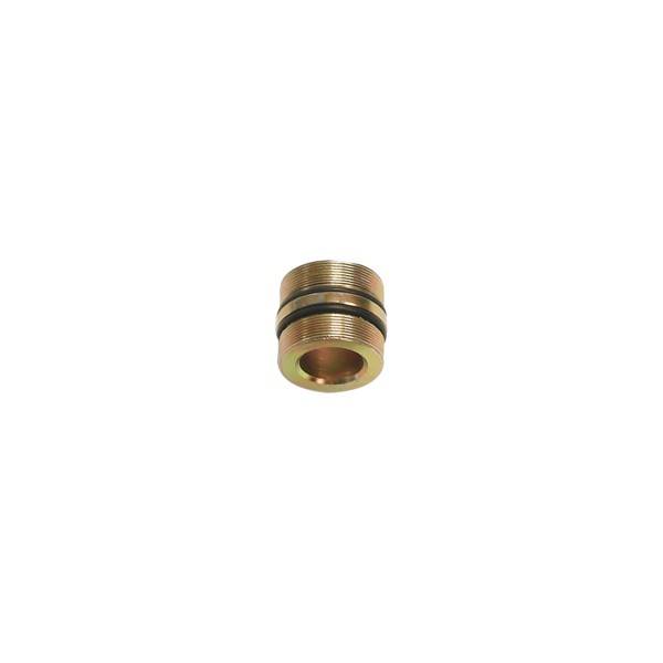 Kleine Messinggewinderohrfitting mit zwei schwarzen O-Ringen auf weißem Hintergrund.