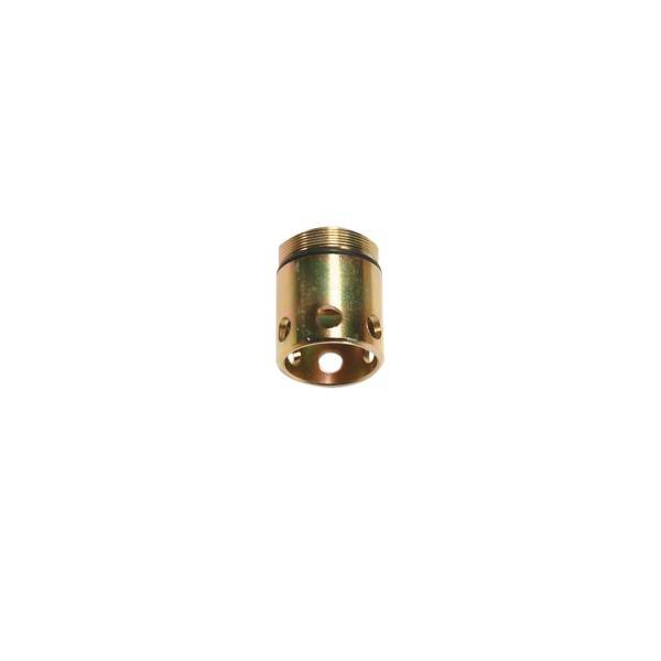 Kleine goldene Metallverschraubung mit Seitenbohrungen in zylindrischer Form, isoliert auf weißem Hintergrund dargestellt.