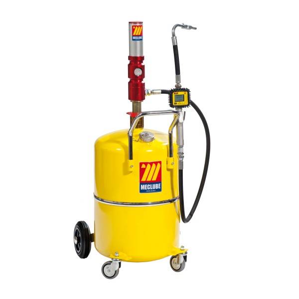 Gelber fahrbarer Industrie-Ölablassbehälter mit Griff, Pumpenanlage, Schlauch und Auslass auf weißem Hintergrund.