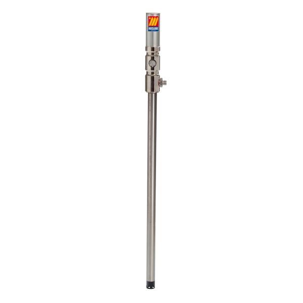 Ein langer Edelstahl-Industriesensor oder eine Sonde mit einer markierten Kappe, vertikal auf weißem Hintergrund dargestellt.