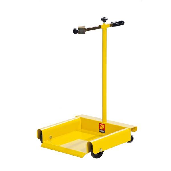 Gelber fahrbarer Arbeitstisch oder Wagenheber mit vertikalem Griff und verstellbarer Oberklemme, zum Stützen oder Bewegen von Ausrüstungen verwendet.