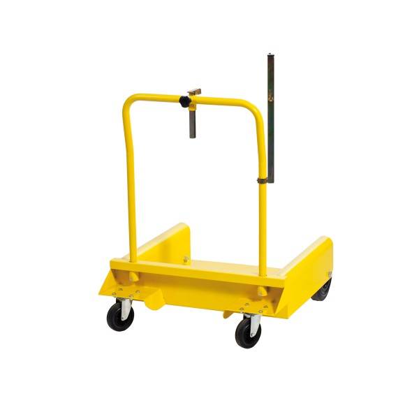 Gelber Industrie-Handwagen mit vier Rädern und U-förmigem Griff, dargestellt vor weißem Hintergrund.