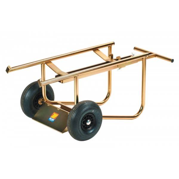 Ein goldenes röhrenförmiges Handwagen mit zwei großen Rädern und verlängertem Griff, gezeigt auf weißem Hintergrund.