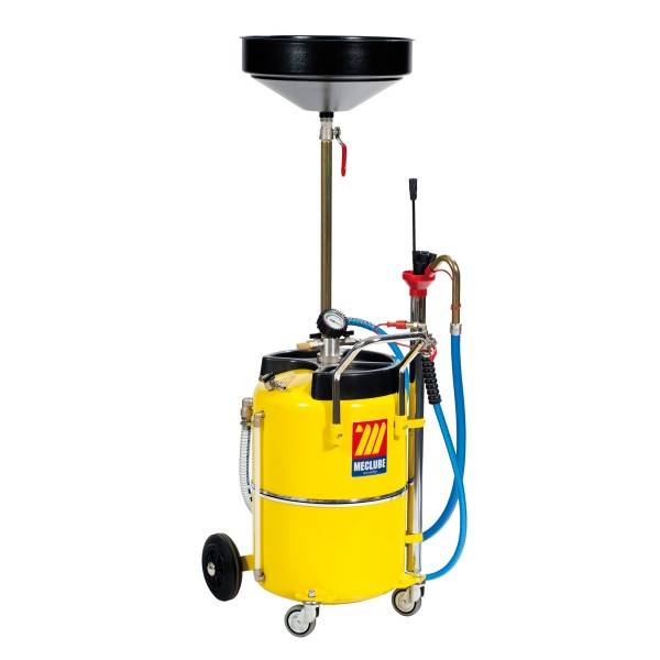 Gelber fahrbarer Ölablasscontainer und Fluidabsauggerät mit Trichteroberteil, Schläuchen, Manometer und Griffen auf weißem Hintergrund