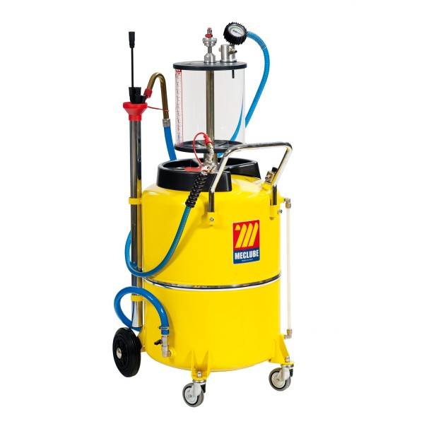 Gelb gefärbter Ölspender mit Rollen für industrielle Anwendungen, mit durchsichtigem Behälter, Schläuchen, Manometer und Pumpengriff.