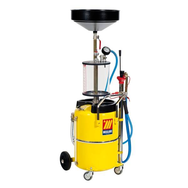 Gelb gefärbter Ölablass- und Fluidabsaugbehälter mit Rädern, Trichter, durchsichtige Auffangkammer, Schläuche und Druckmesser.