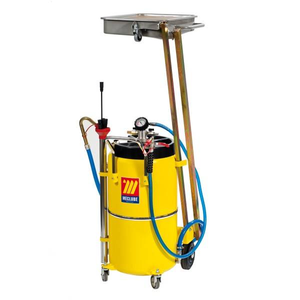 Gelber fahrbarer Öltank mit Schläuchen, Pumpe, Manometer und erhöhtem Tablett zum Umfüllen und Betanken von Flüssigkeiten.