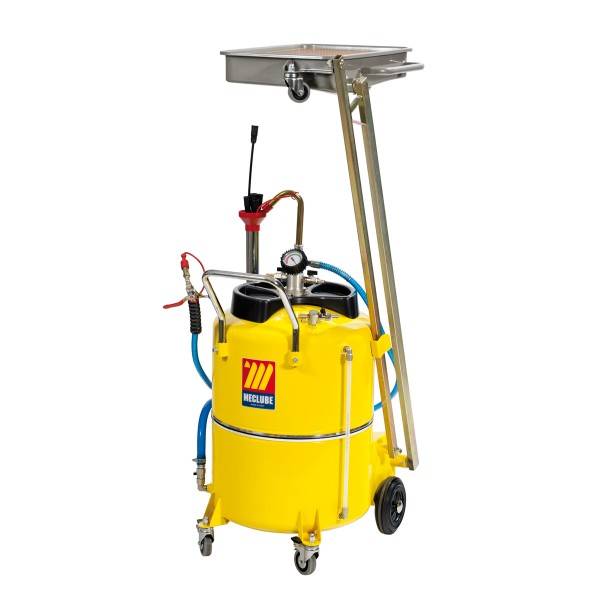 Gelber fahrbarer Industrieölauffangwagen mit Rädern, Tank, Pumpe, Schläuchen, Manometer und erhöhtem Metallablaufbehälter.