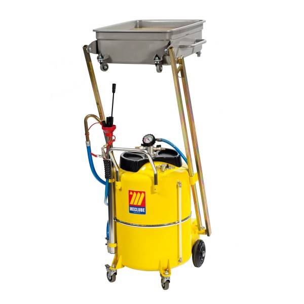 Tragbarer gelber Ölablass-Wagen mit erhöhter Metallwanne, Schläuchen, Manometer und Rädern zum Sammeln von Altöl.