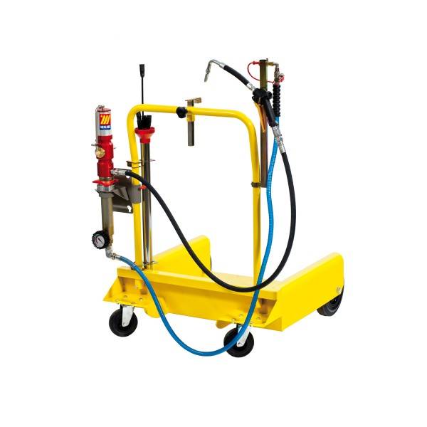 Gelber mobiler Industrie-Wagen mit Schläuchen, Druckmessern und einer Sprühpistole zum Versprühen oder Reinigen von Flüssigkeiten.