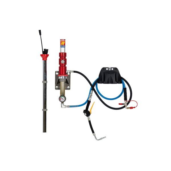 Hydraulik-Fernbetätigungsset mit Handpumpe, Schlauch, Druckmesser und Steuereinheit, die mit einem vertikalen Zylinder verbunden ist.