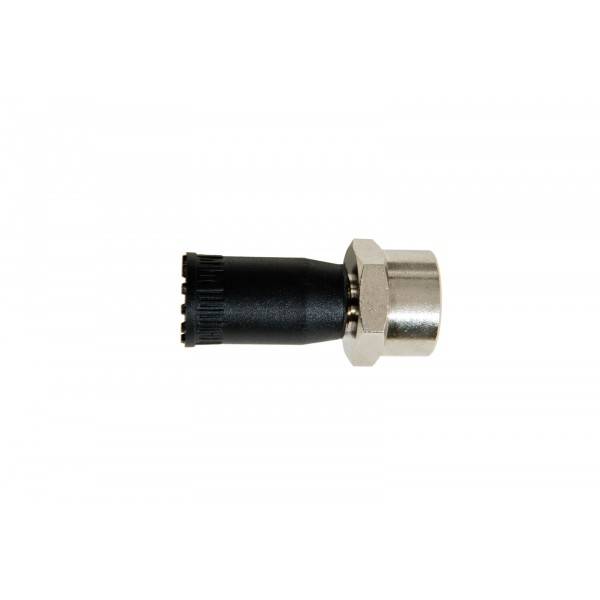Schwarzer zylindrischer Stecker mit silberner Sechskantmutter und Metallkappe auf der rechten Seite, isoliert auf weißem Hintergrund dargestellt.